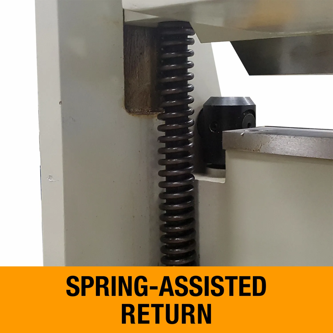 Baileigh Finger Brake - (BB-5014F) 1000529 spring-assisted upper beam return mechanism providing smoother operation and reduced operator effort during repeated bending cycles.