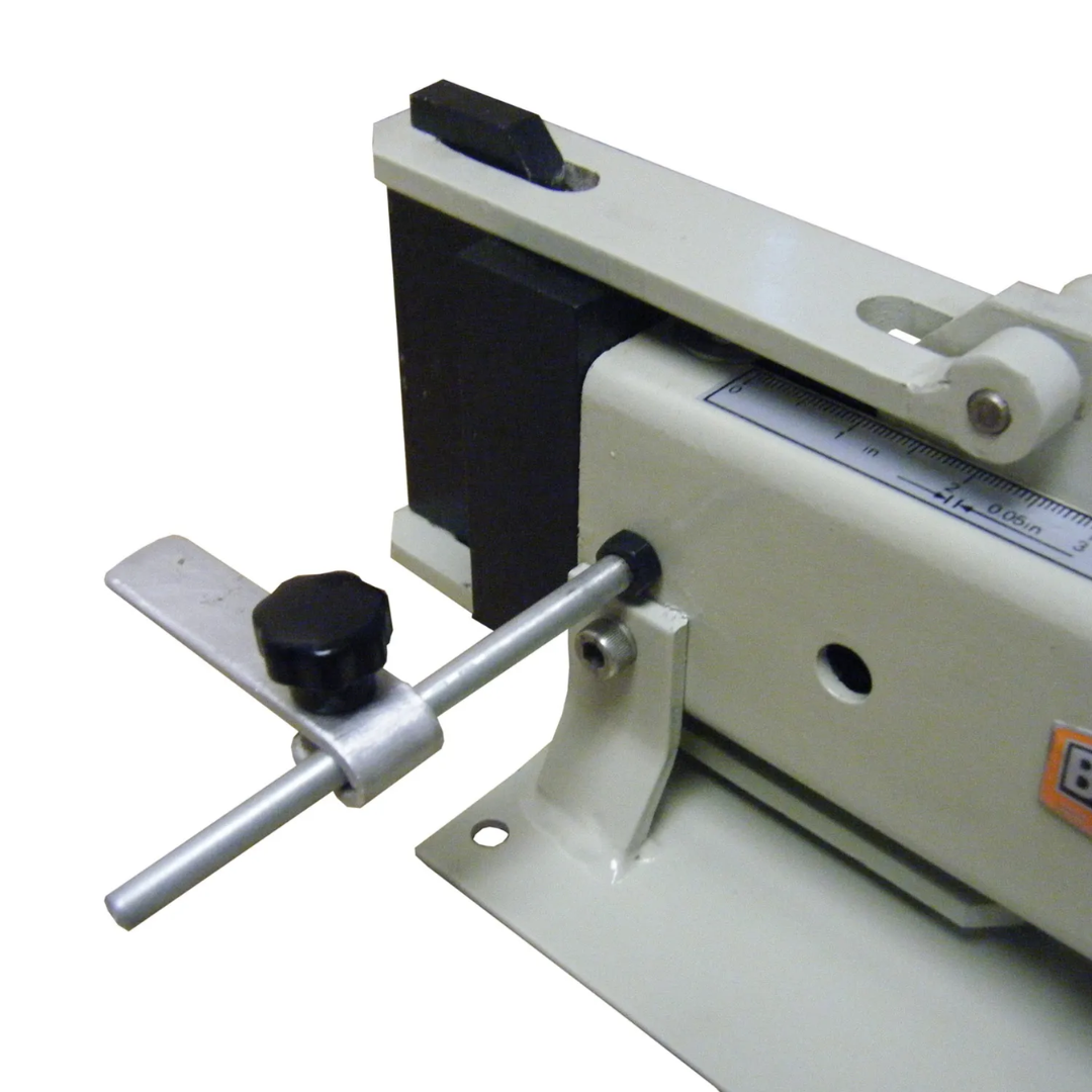 Baileigh Form Bender FB-4 1004225 close-up of the adjustable bending stop and precision tooling for accurate, repeatable manual metal bending.