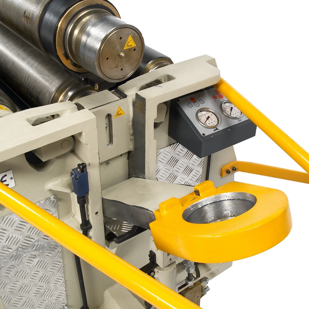 Baileigh Four Roll Plate Roll PR-603-4 1006554 close-up of upper roller assembly with integrated safety guard and heavy-duty plate feeding mechanism.