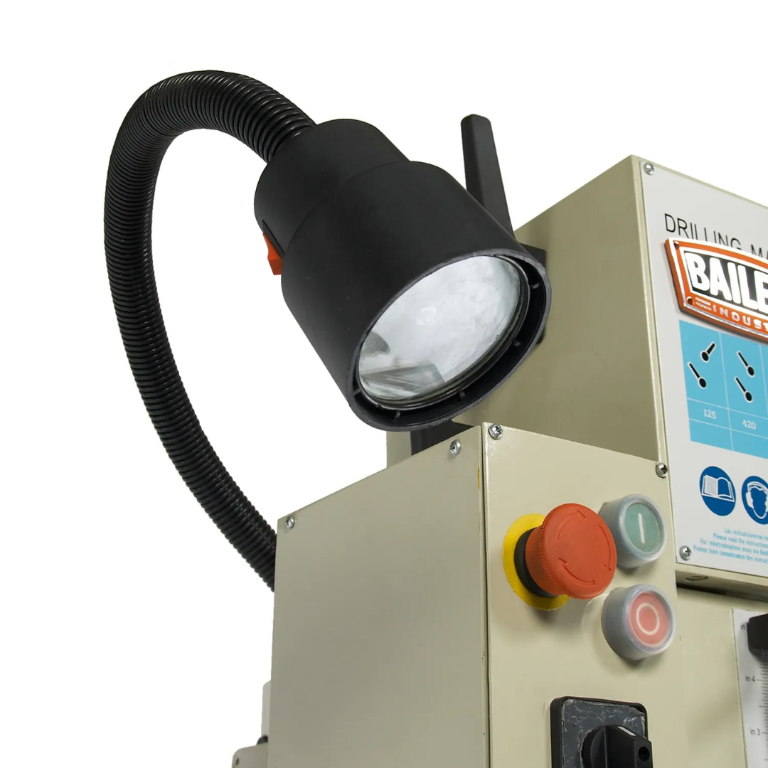 Baileigh Gear Driven Drill Press - DP-1000G 1002827 close-up of the integrated work light and operator control area designed to improve visibility and precision during drilling applications.