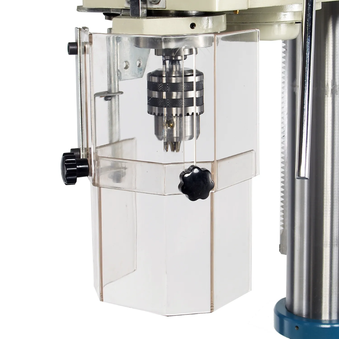 Baileigh Gear Driven Drill Press - DP-1000G 1002827 detailed view of the spindle, chuck, and safety guard assembly engineered for controlled drilling performance and operator protection.