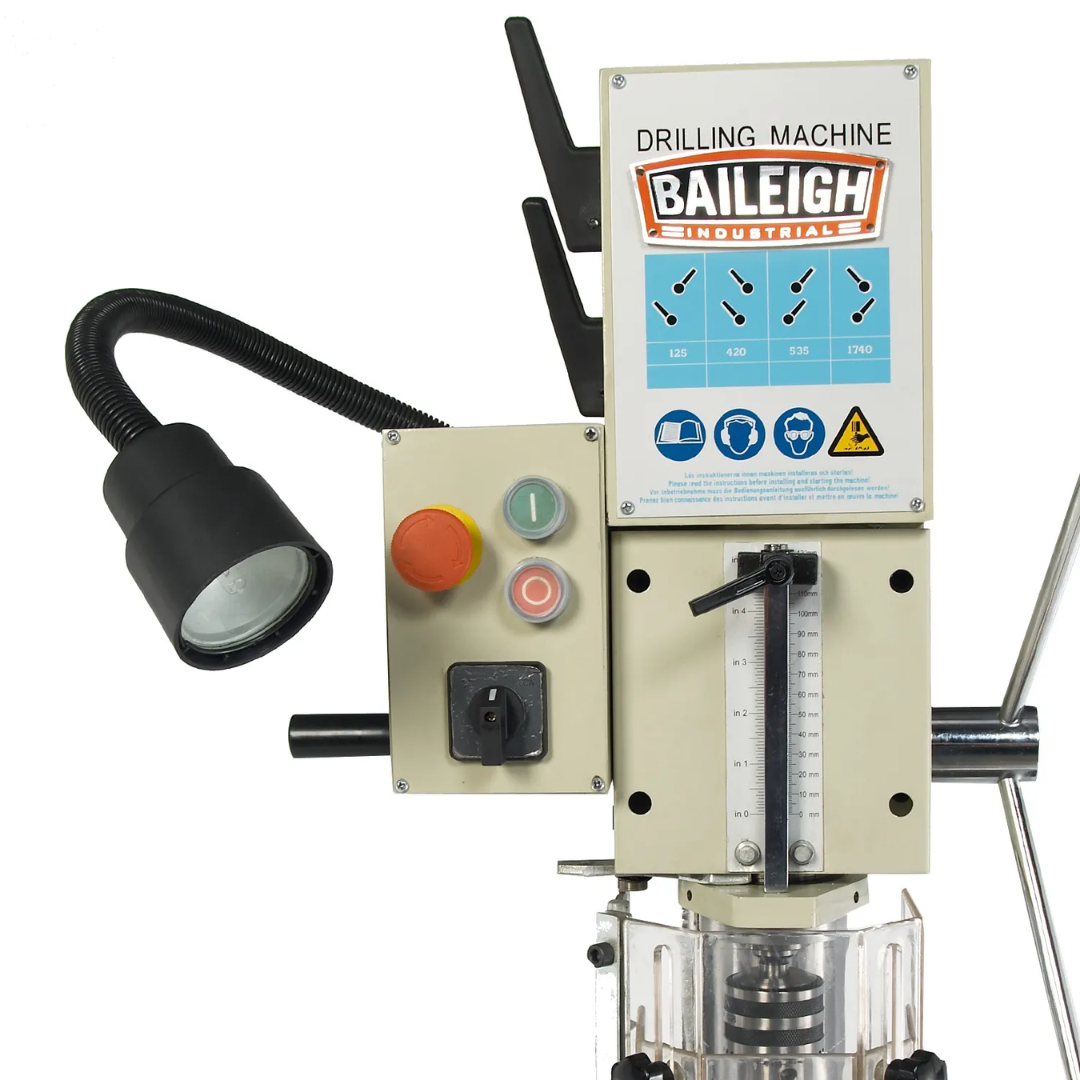 Baileigh Gear Driven Drill Press - DP-1000G 1002827 front control panel with speed and machine operation controls designed for efficient industrial drilling and fabrication tasks.