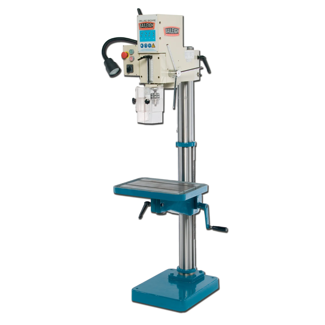 Baileigh Gear Driven Drill Press - DP-1000G 1002827 industrial floor drill press featuring a gear-driven head, precision spindle assembly, adjustable worktable, integrated work light, and heavy-duty cast iron construction for accurate drilling operations.