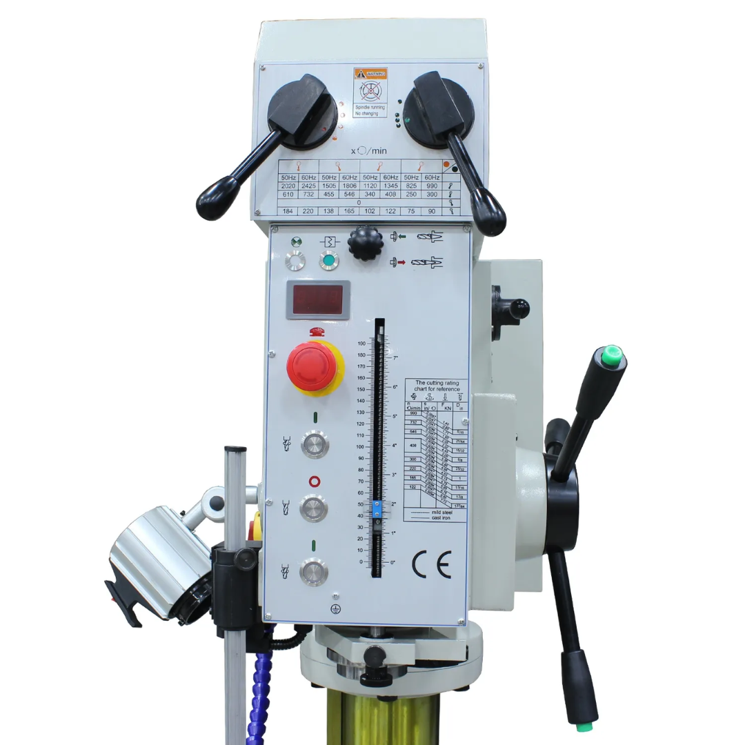 Baileigh Gear Driven Drill Press - DP-1850G 1020697 front drilling head detail featuring the precision spindle, feed handles, and heavy-duty quill assembly for demanding drilling applications.