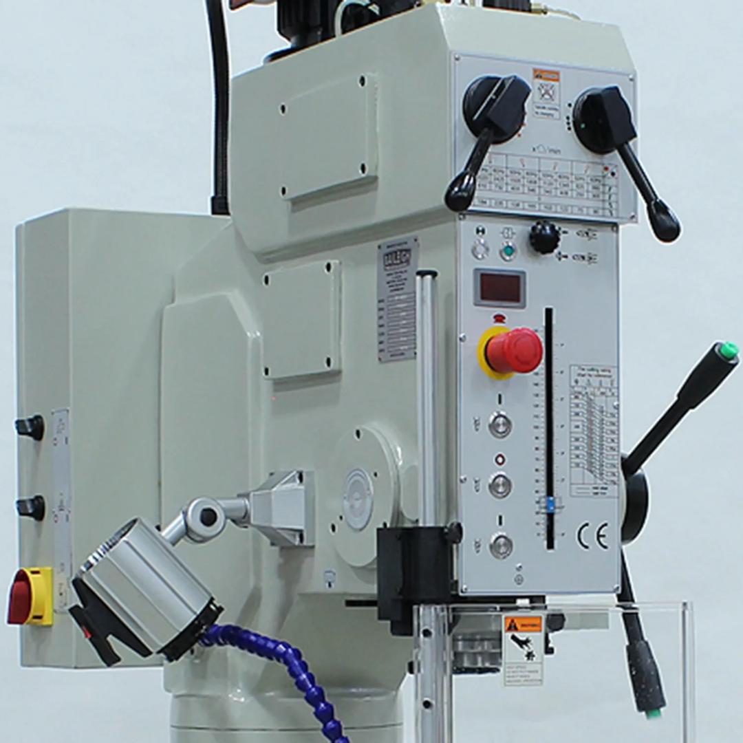 Baileigh Gear Driven Drill Press - DP-1850G 1020697 rear head assembly showing the durable gear-driven transmission housing and industrial motor configuration for reliable drilling performance.