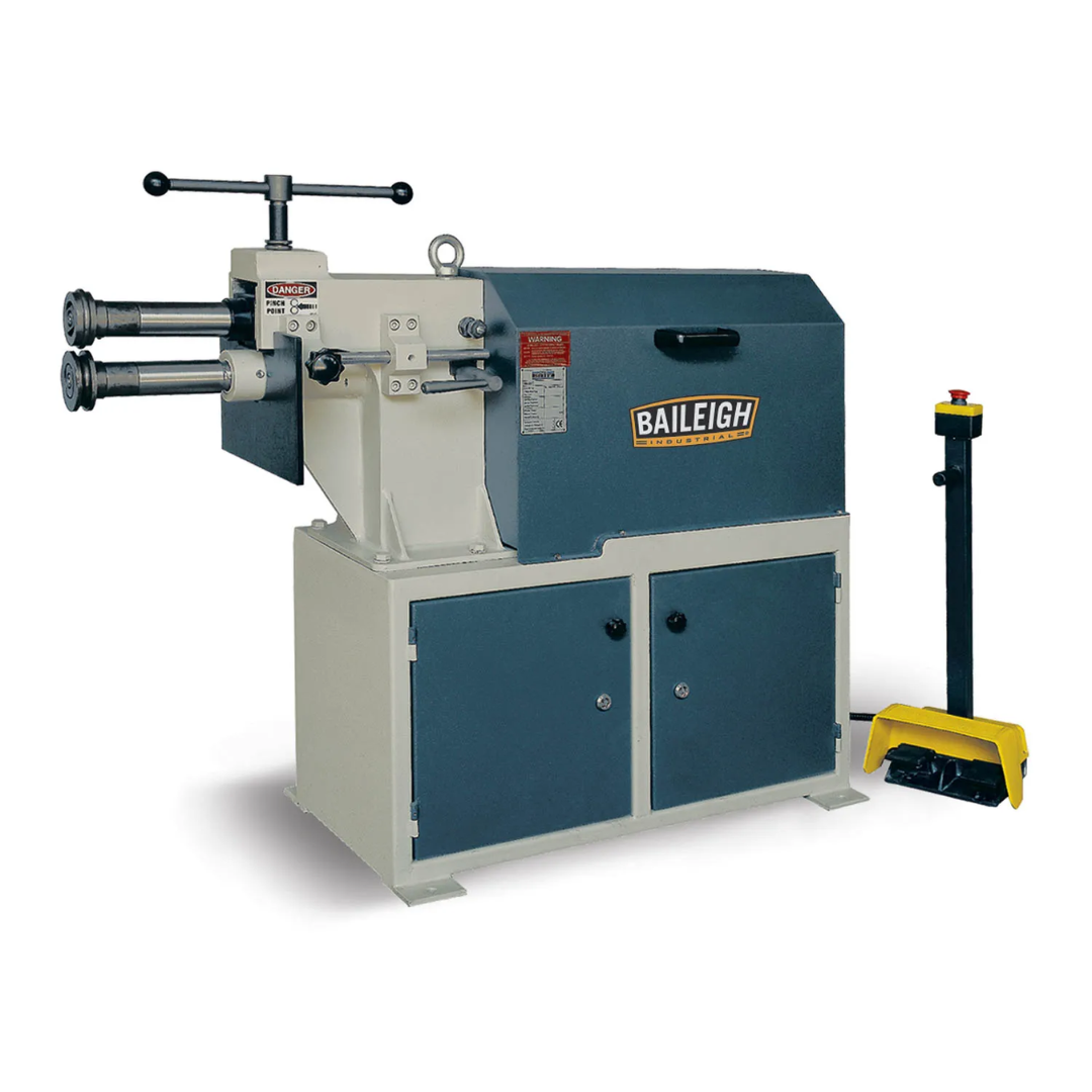 Baileigh Heavy Duty Bead Rolling Machine BR-12E-10 1012430 front view featuring an industrial electric bead roller with heavy-duty steel frame, foot pedal controls, and enclosed base cabinet for precision sheet metal forming.