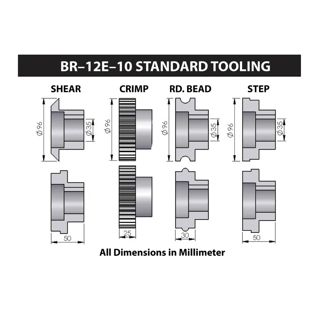 Baileigh Heavy Duty Bead Rolling Machine BR-12E-10 1012430 standard tooling chart showing multiple bead rolling die profiles for creating beads, flanges, steps, wiring grooves, and custom sheet metal forms.