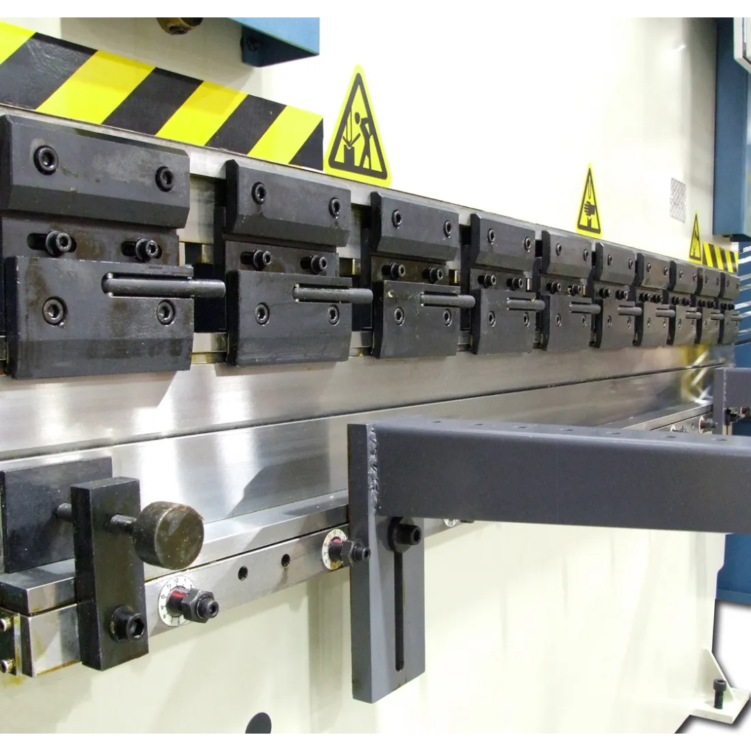 Baileigh Hydraulic Brake Press BP-5078CNC 1010285 detailed view of segmented upper tooling and lower die setup engineered for accurate and repeatable sheet metal forming.