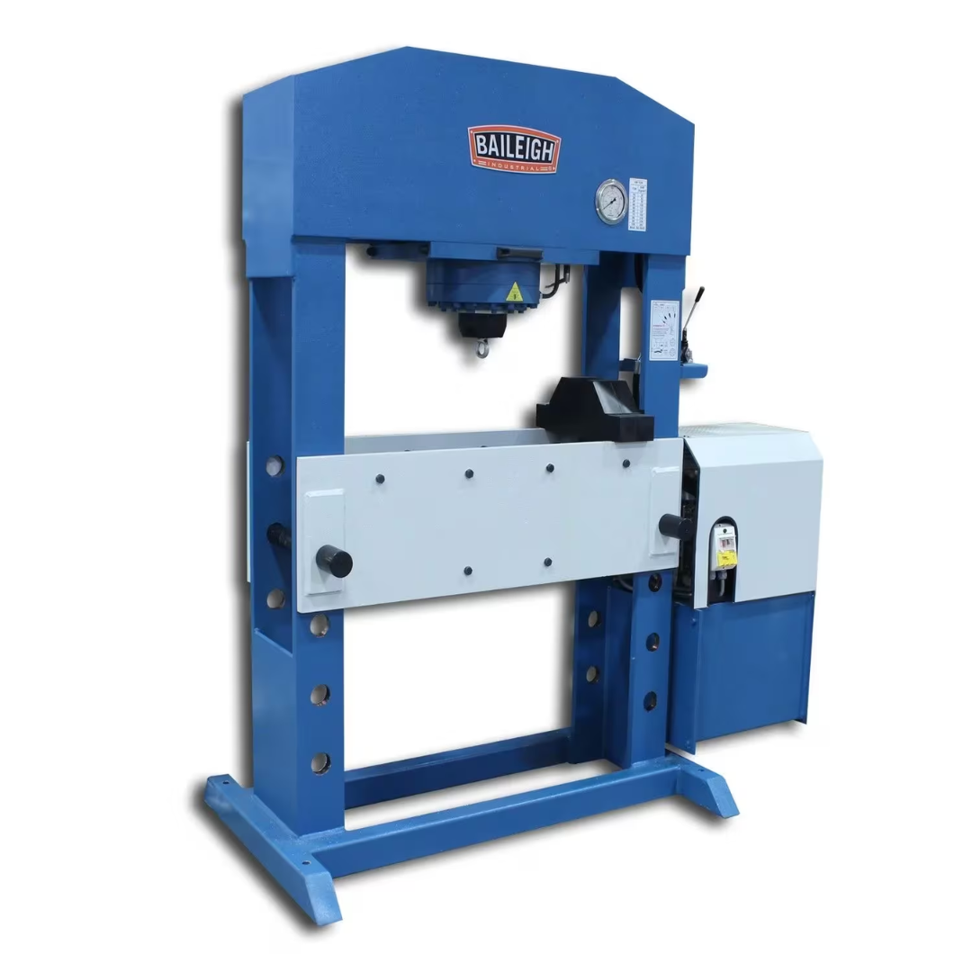 Baileigh Hydraulic H-Frame Press HSP-110M-HD 1012426 heavy-duty hydraulic shop press featuring a reinforced H-frame design, industrial hydraulic cylinder, and high-capacity metal forming capabilities.