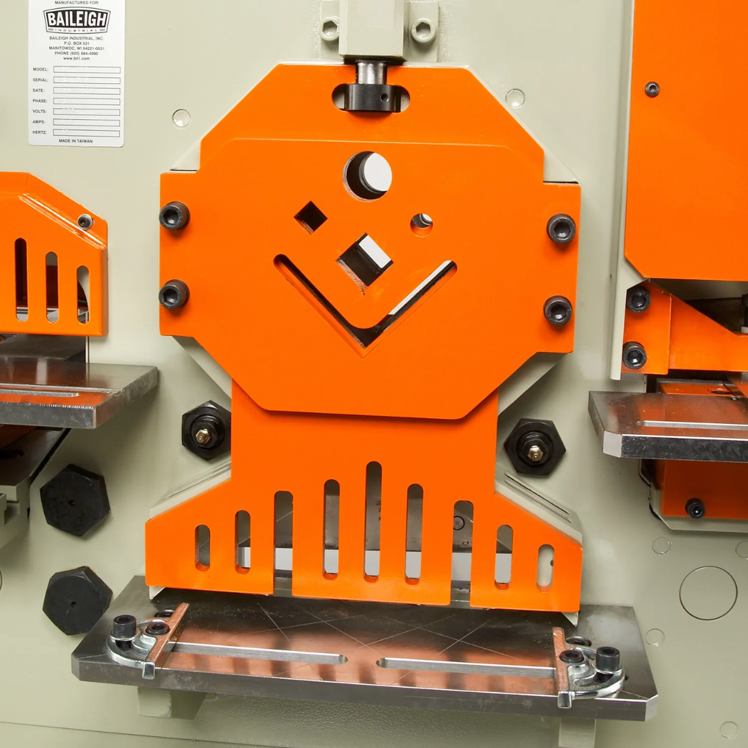 Baileigh Hydraulic Iron Worker SW-621 1007809 angle shear and notching station with durable hydraulic cutting blades designed for efficient structural steel and metal profile processing.