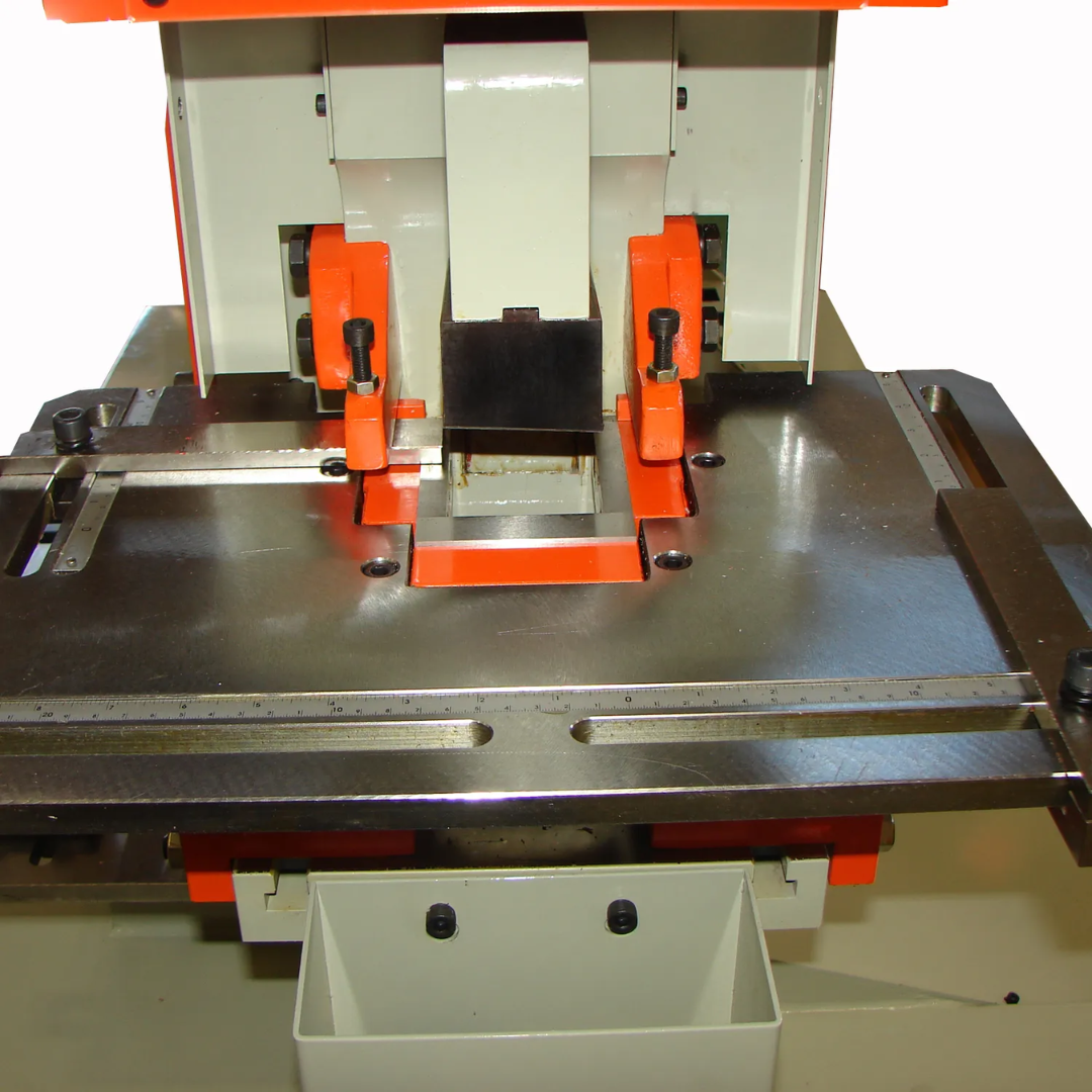 Baileigh Hydraulic Ironworker SW-95 1007865 flat bar shearing station featuring heavy-duty hydraulic cutting blades and precision worktable for clean metal cutting operations.