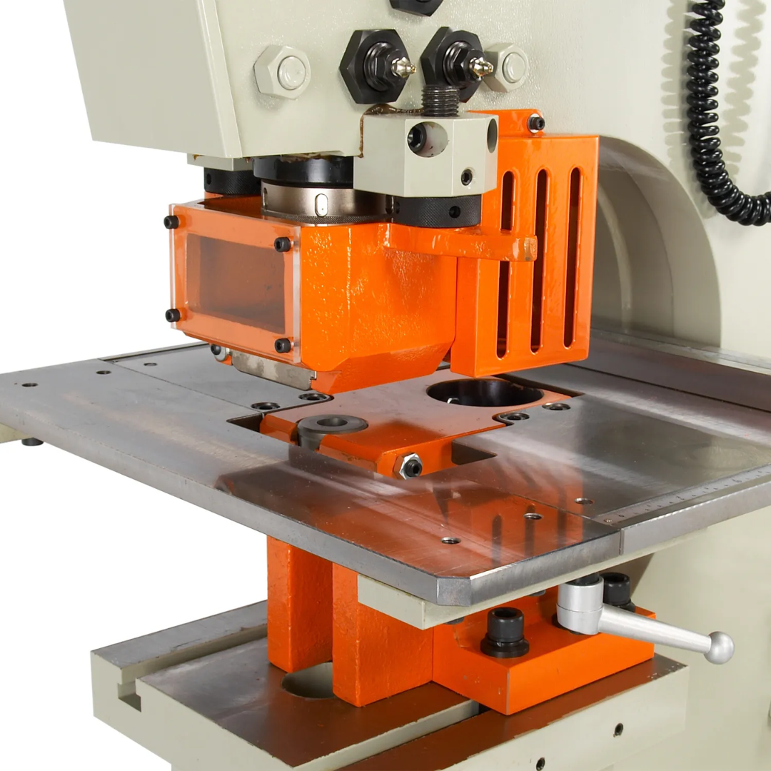 Baileigh Hydraulic Ironworker SW-95 1007865 pipe and bar coping attachment with adjustable material support for precision tube and round stock processing.
