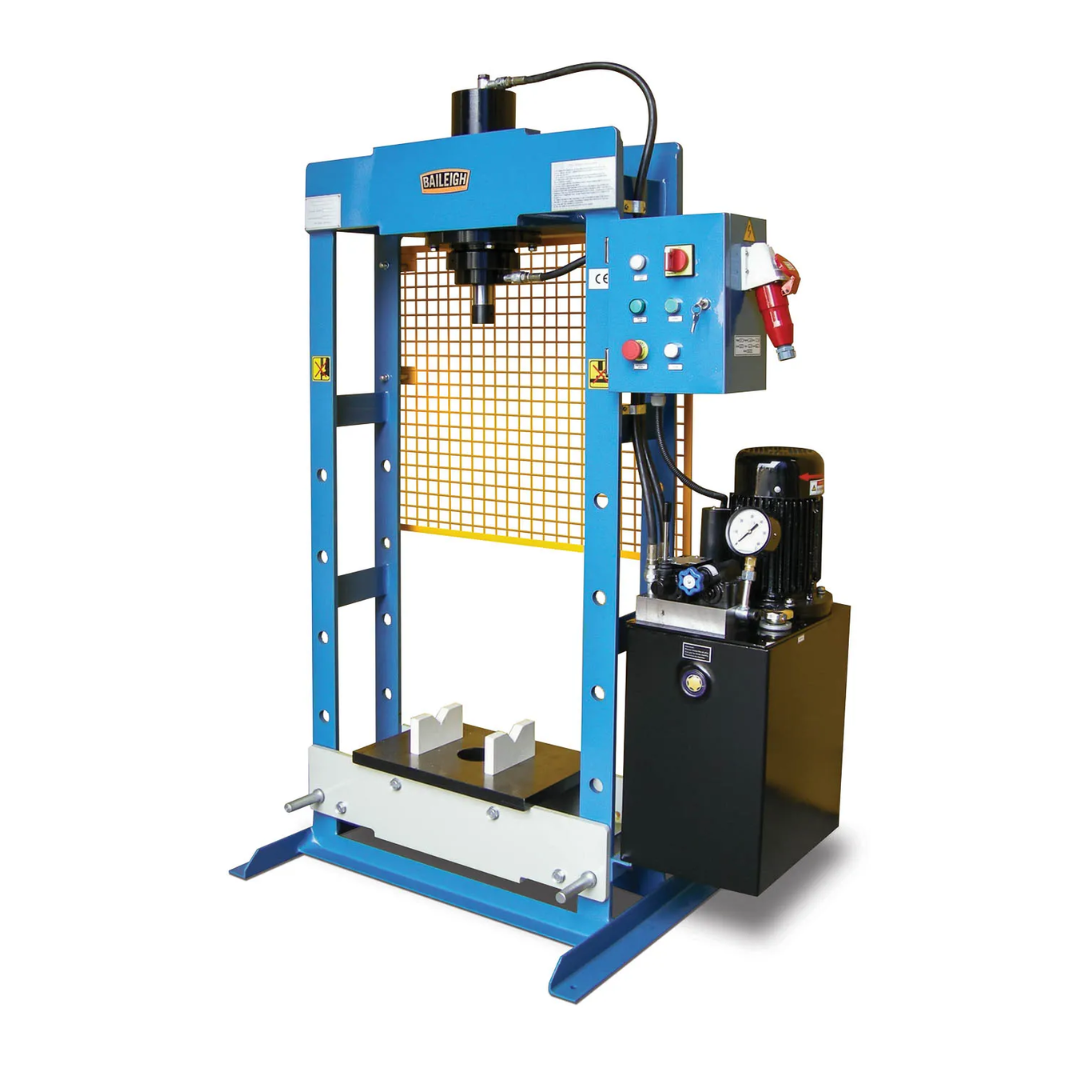 Baileigh Hydraulic Press HSP-30M 1012401 industrial hydraulic shop press featuring a heavy-duty steel H-frame, hydraulic power unit, safety guarding, and precision pressing capabilities for fabrication and maintenance applications.