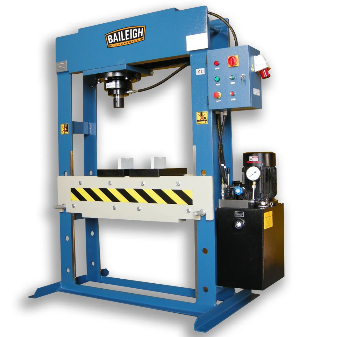 Baileigh Hydraulic Press HSP-60M 1012740A heavy-duty hydraulic press featuring a robust welded steel frame, industrial hydraulic system, and spacious work area for metal fabrication and maintenance applications.