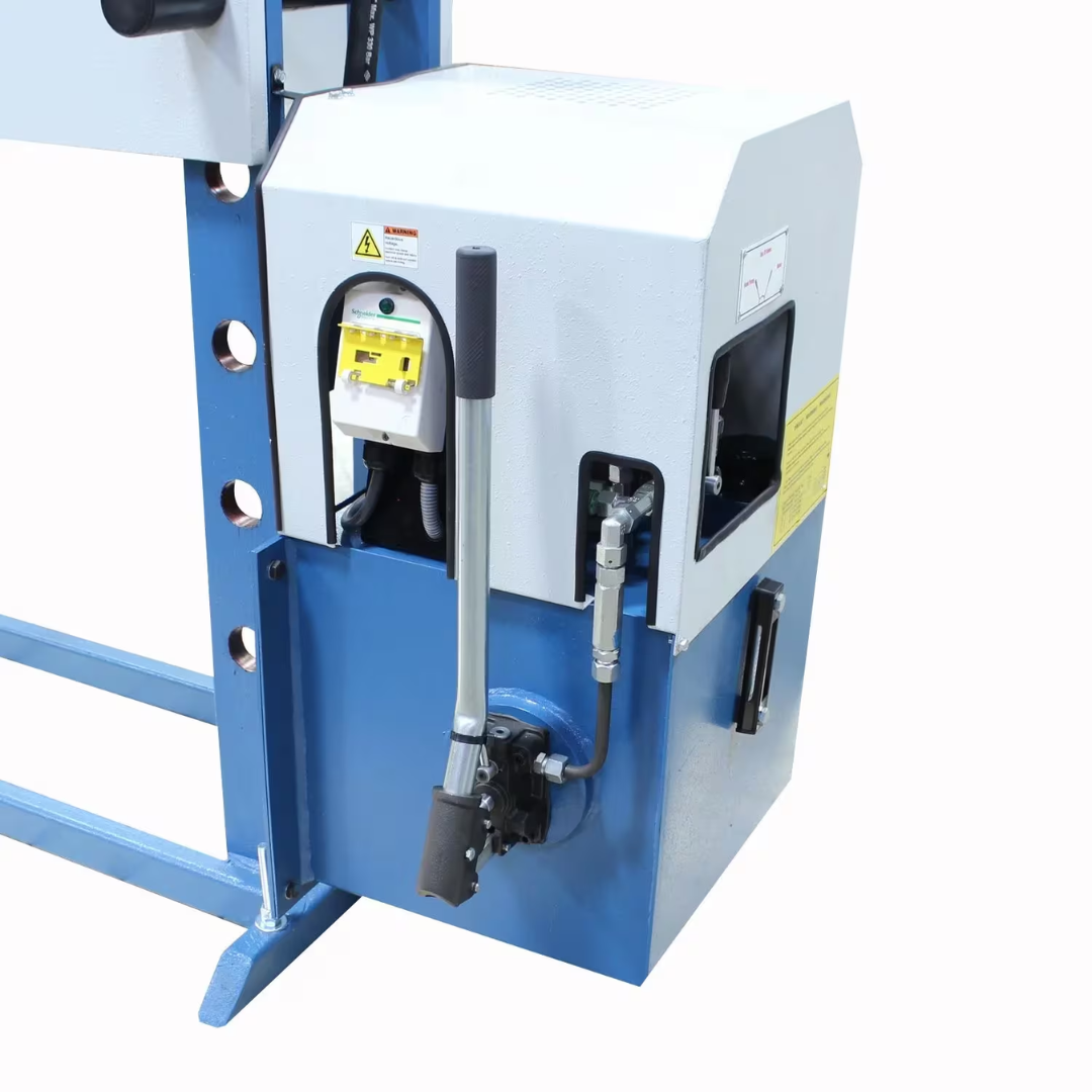 Baileigh Hydraulic Press HSP-66M-HD 1012402 side view highlighting the hydraulic control station, reinforced frame structure, and professional metalworking design.