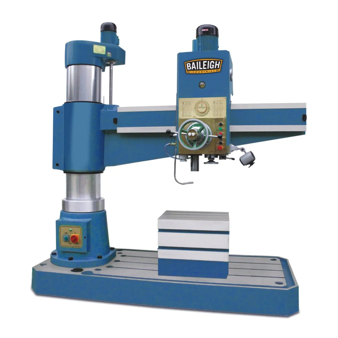 Baileigh Hydraulic Radial Drill Press RD-1600H 1008486 heavy-duty hydraulic radial arm drill press with adjustable radial arm, precision spindle head, and large T-slot work table for industrial drilling applications.