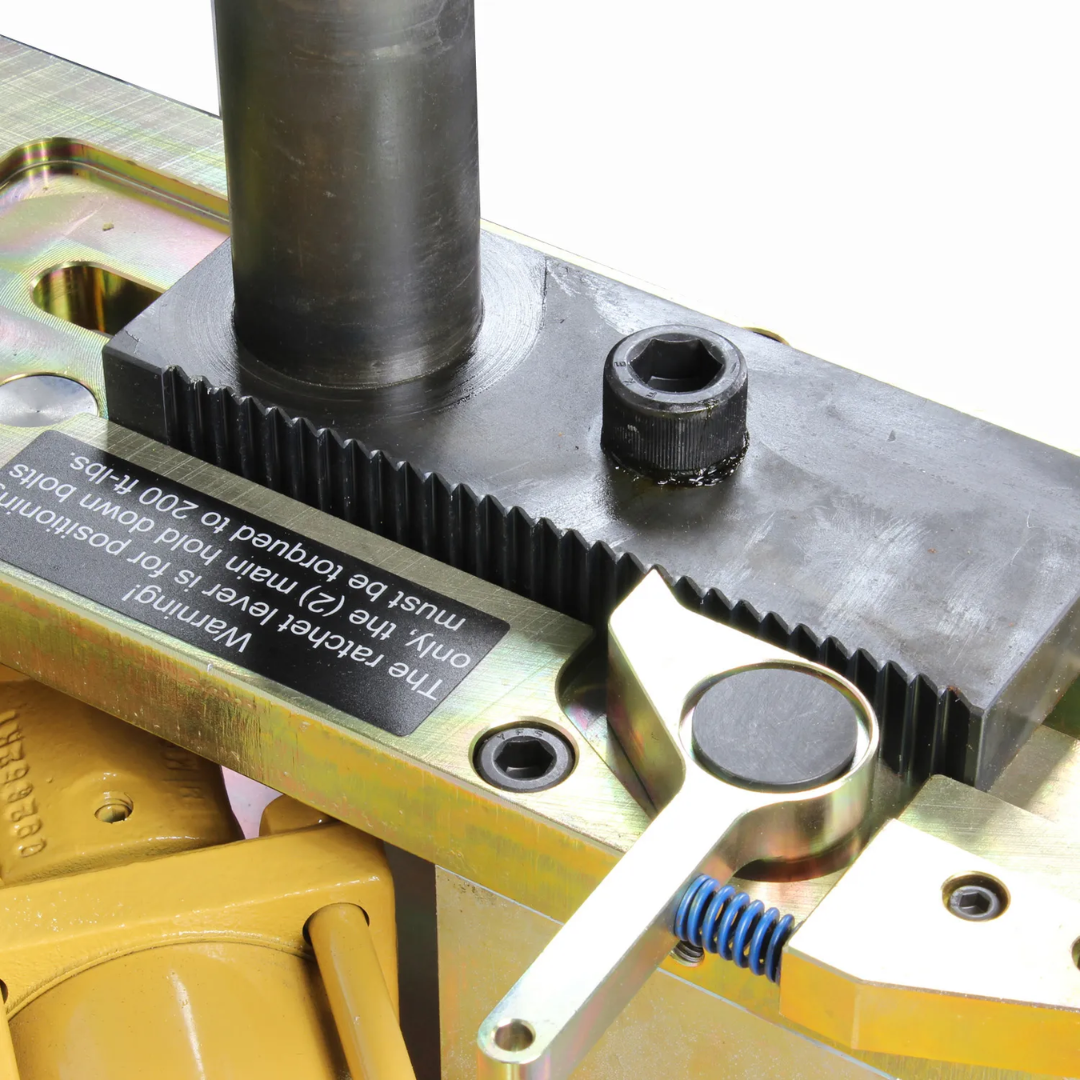 Baileigh Hydraulic Rotary Draw Bender, DRO with Auto Stop (RDB-175) BA9-RDB175B close-up of the bending die and measuring scale for accurate bend angle setup.