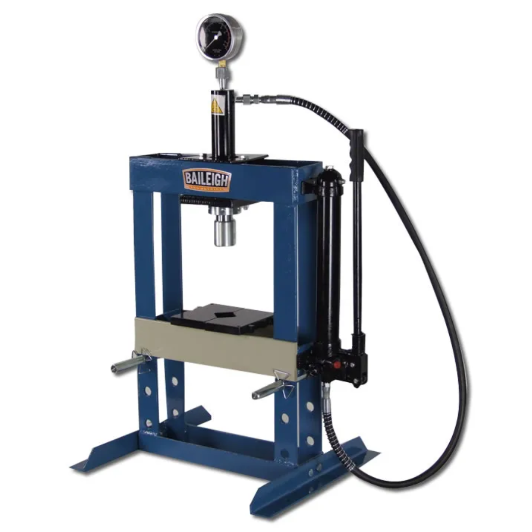 Baileigh Hydraulic Shop Press - (HSP-10H) 1004779 heavy-duty hydraulic shop press with 10-ton capacity designed for pressing, straightening, bending, and assembly operations.