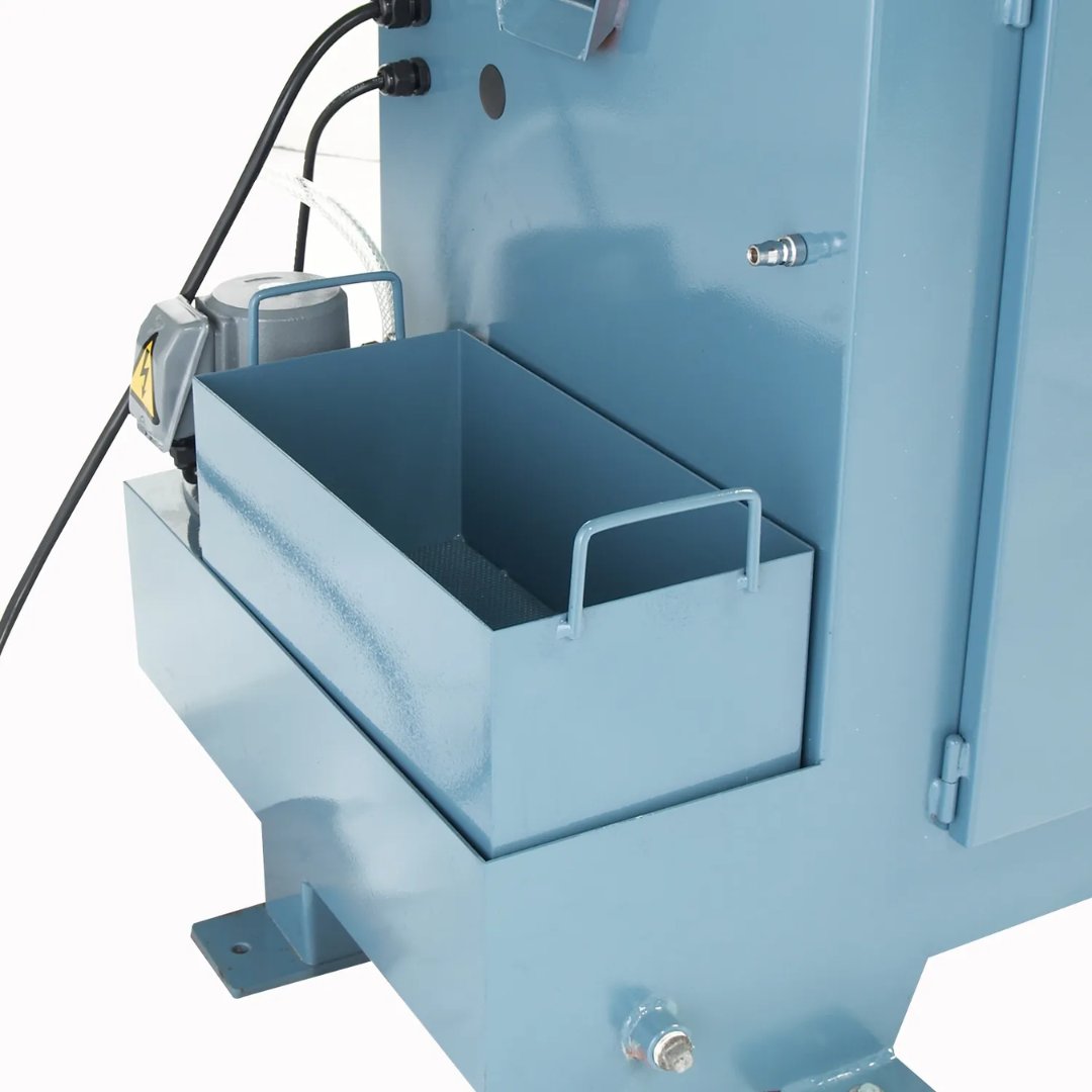 Baileigh Manual Cold Saw CS-350P 1002574 integrated coolant collection cabinet with removable chip tray for efficient coolant management and simplified machine maintenance.