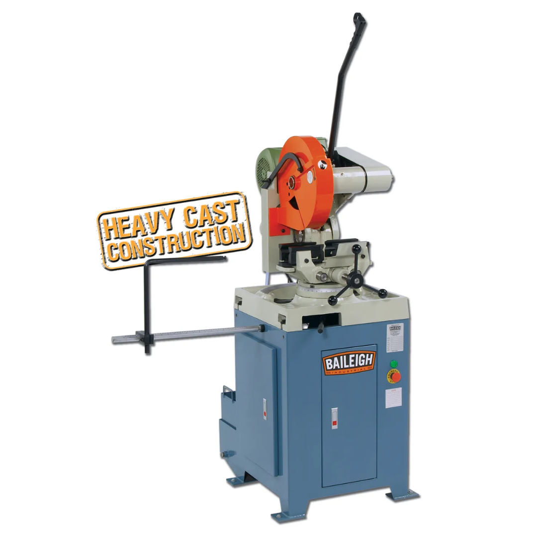Baileigh Manual Cold Saw CS-355M 1002589 heavy-duty manual cold saw featuring a precision circular blade, adjustable mitering vise, industrial steel cabinet base, material support arm, and manual operating lever for accurate metal cutting and fabrication.
