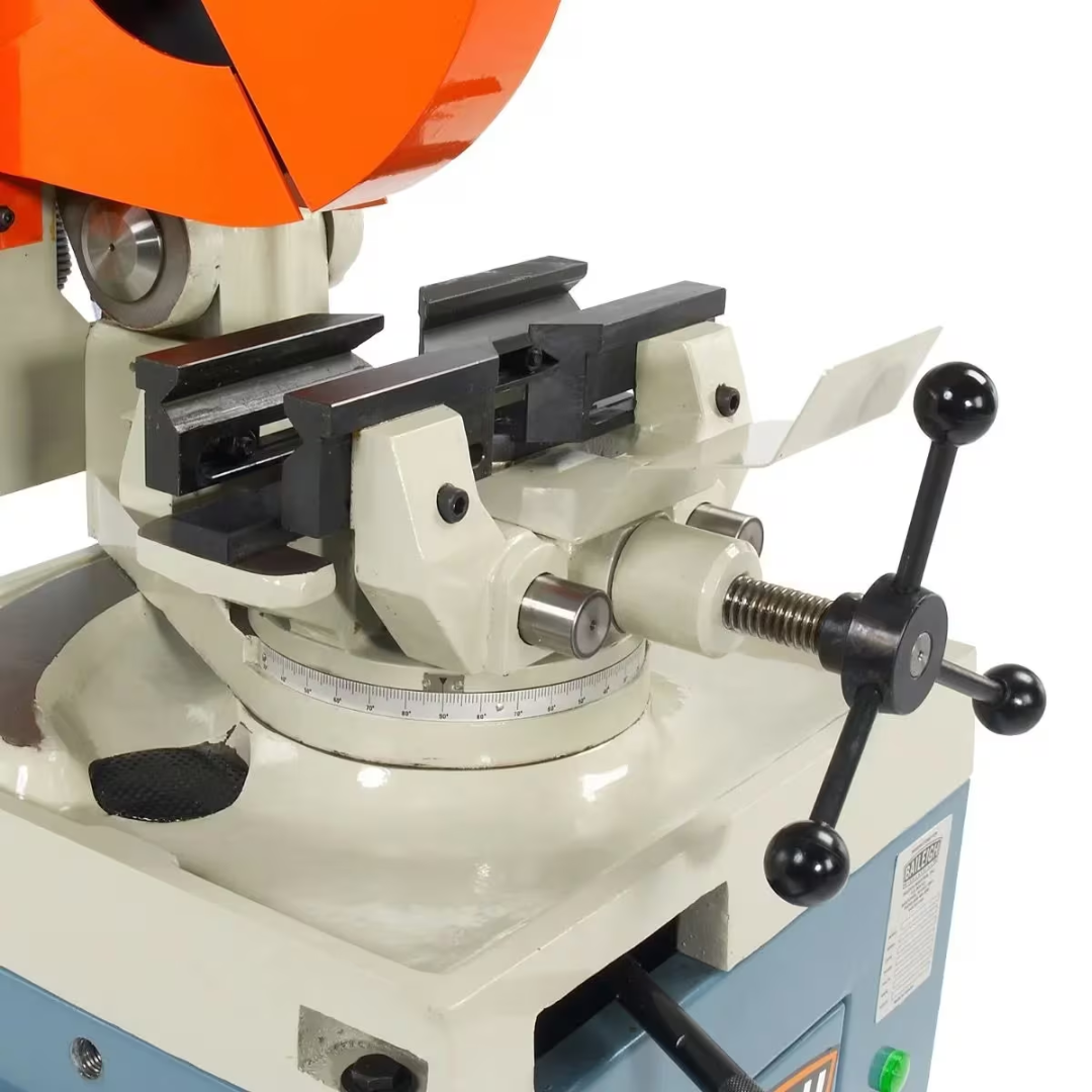 Baileigh Manual Cold Saw CS-355M 1002589 precision mitering saw head with adjustable angle scale and self-centering vise for accurate angled metal cutting.