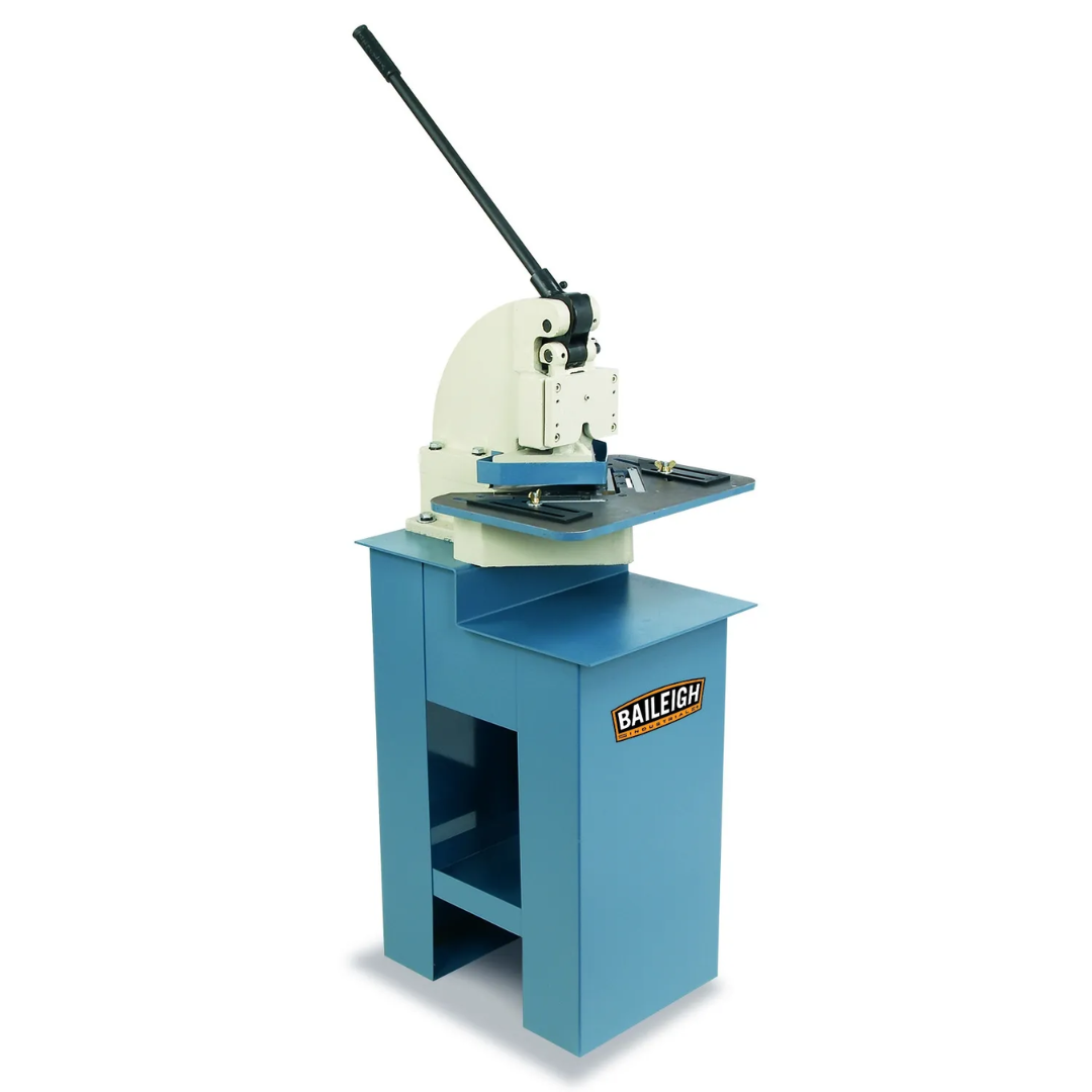Baileigh Manual Corner Notcher - (SN-F16-HN) 1007260 heavy-duty manual corner notching machine with floor stand, designed for precise angle notching and sheet metal fabrication applications.
