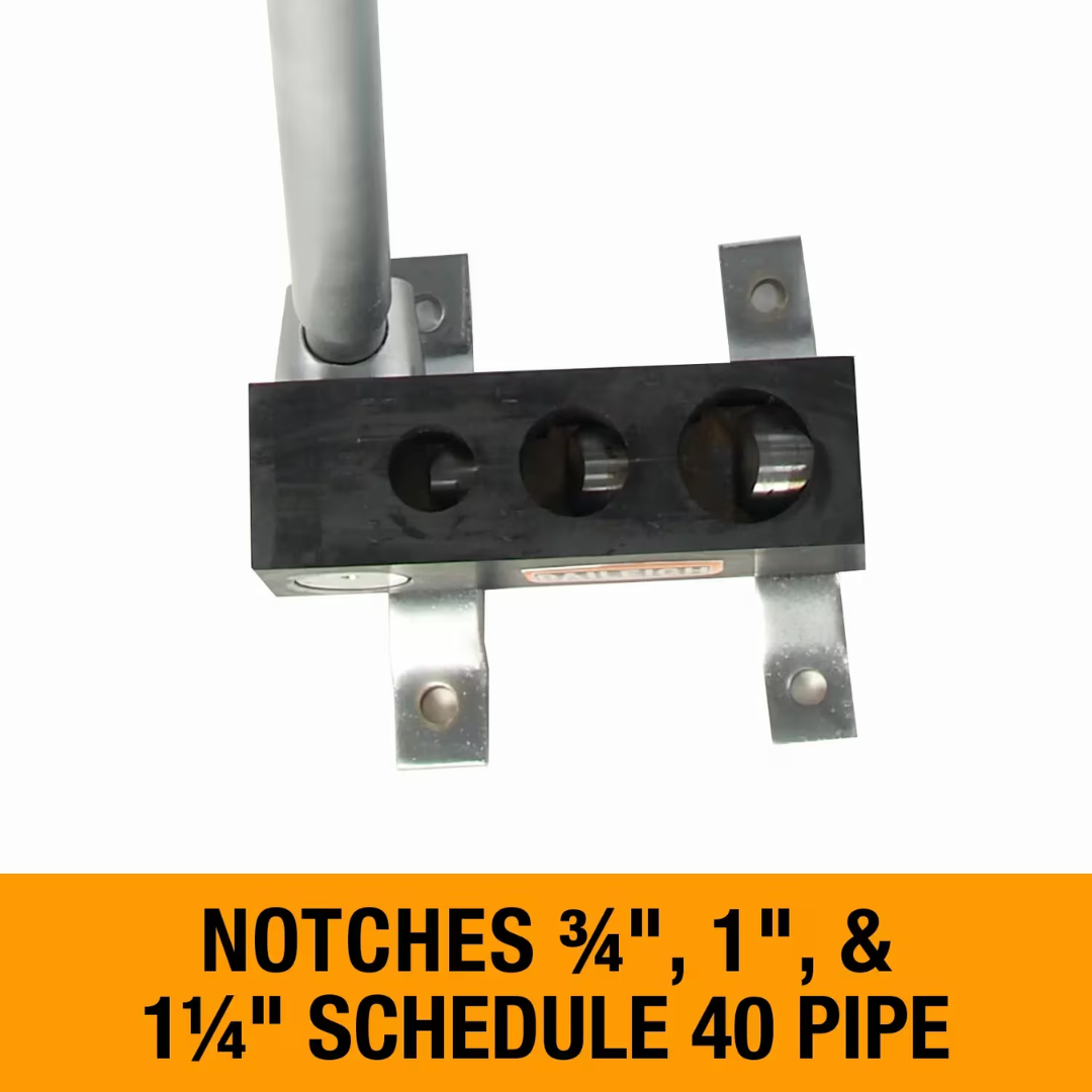 Baileigh Manual Pipe Notcher TN-125M 1008003 close-up of the notching die assembly configured for notching 3/4", 1", and 1-1/4" Schedule 40 pipe with precision and repeatability.