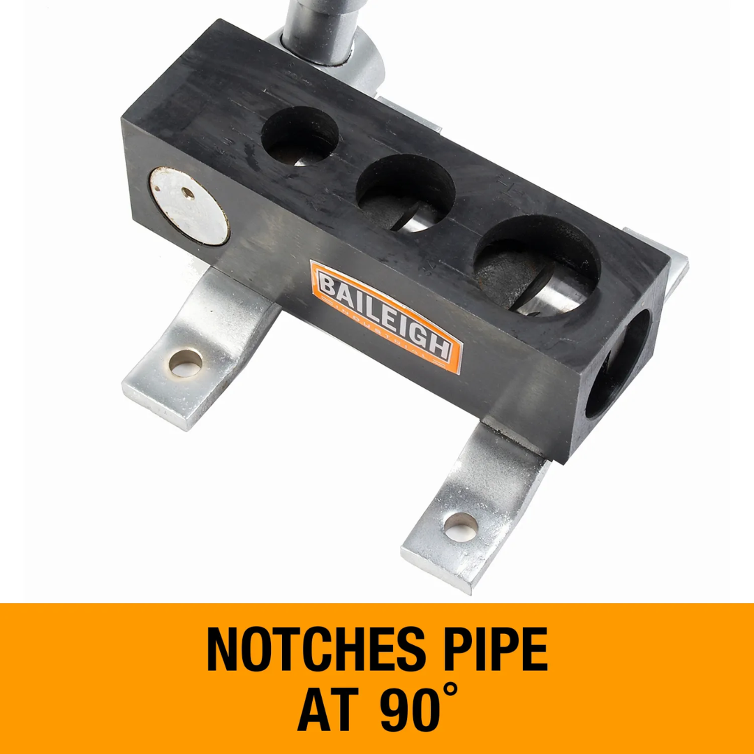 Baileigh Manual Pipe Notcher TN-125M 1008003 side view highlighting the precision notching head designed for creating 90-degree pipe notches with consistent results.