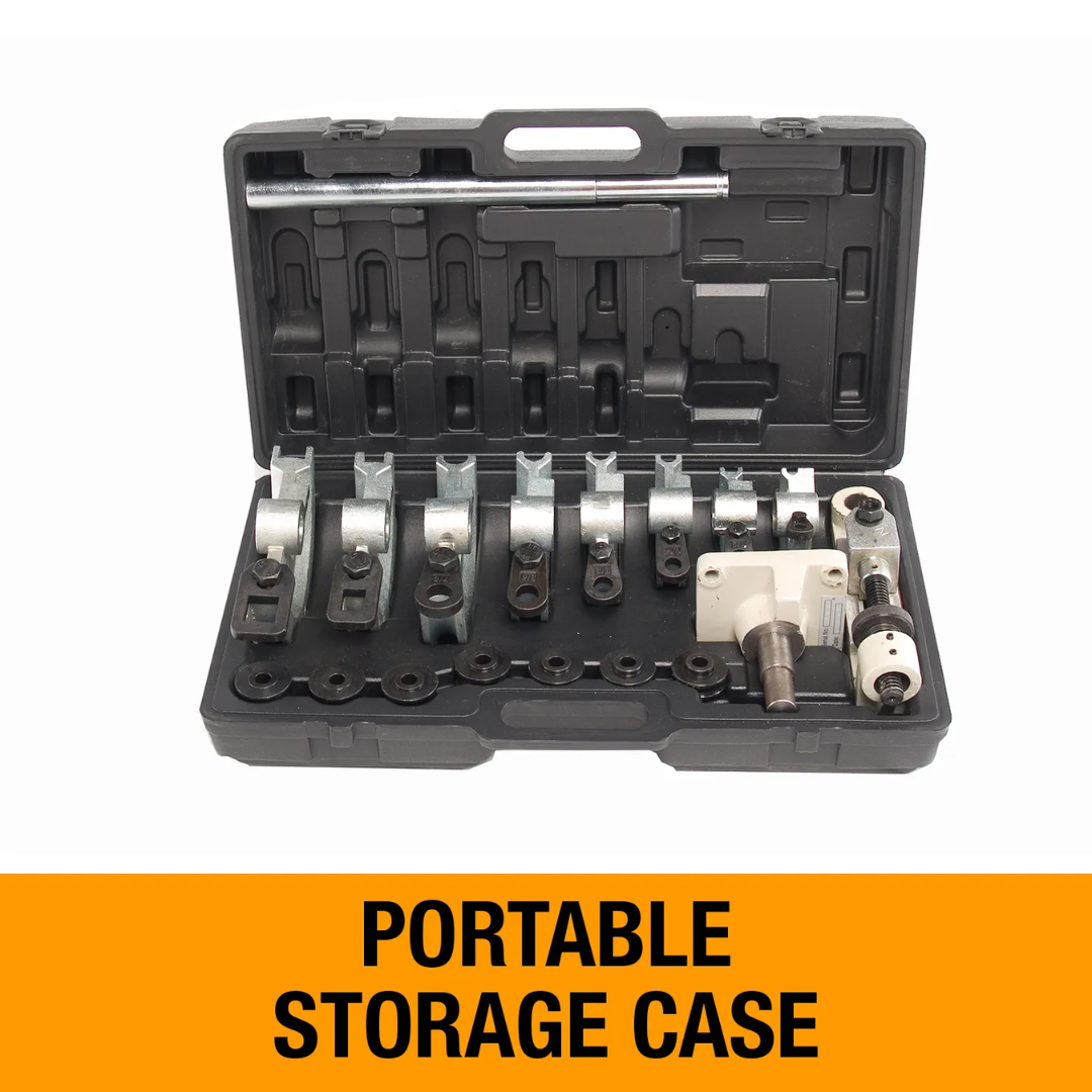Baileigh Manual Tube Bender RDB-25 1006790 portable storage case containing organized bending dies and accessories for multiple tube sizes and fabrication requirements.