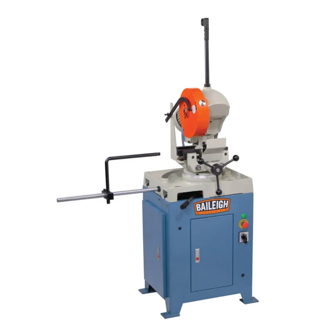 Baileigh Manually Operated Cold Saw - (CS-275M) 1002444 shown in a full front view, featuring a manual pivoting saw head, precision mitering base, heavy-duty steel cabinet, adjustable material stop, and industrial cold saw blade designed for accurate metal cutting applications.