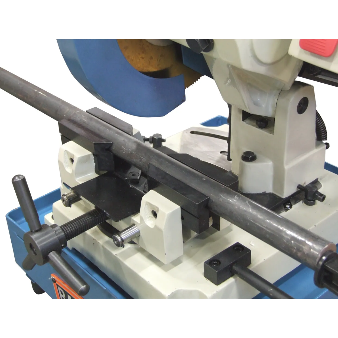 Baileigh Manually Operated Coldsaw CS-225M 1013715 featuring an adjustable vise and material stop system for precise, repeatable metal cutting operations.