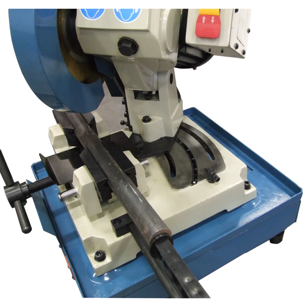 Baileigh Manually Operated Coldsaw CS-225M 1013715 showing the precision cutting vise and workholding assembly for secure clamping of tubing, pipe, and bar stock.