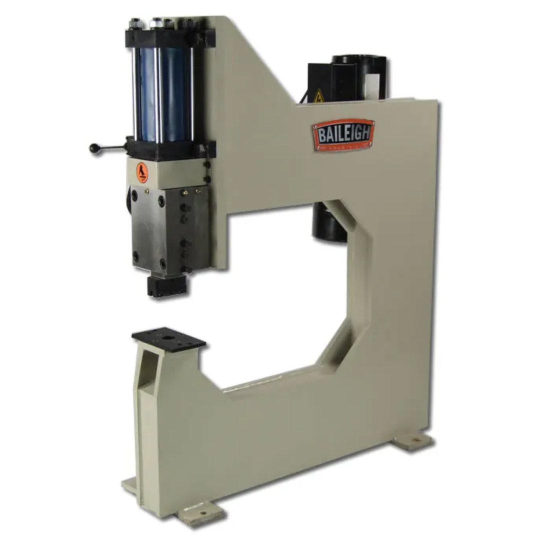 Baileigh Metal Bench Press - (BP-10E) 1000771A heavy-duty benchtop C-frame press featuring a rigid steel frame, pneumatic-hydraulic power system, and precision pressing capability for industrial fabrication applications.