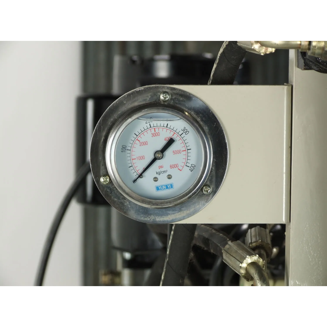 Baileigh Metal Bench Press - (BP-10E) 1000771A pressure gauge close-up showing accurate force monitoring for controlled metal forming, assembly, and pressing operations.