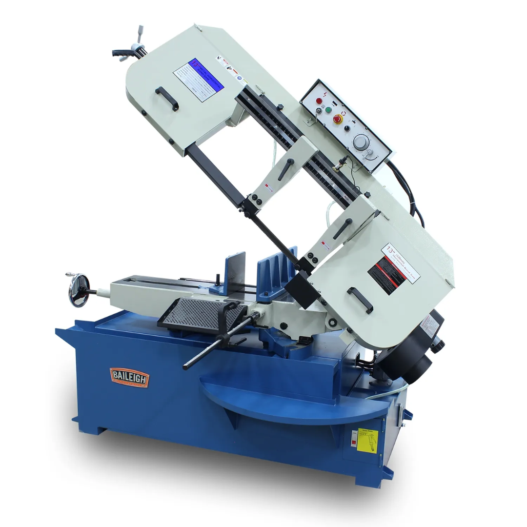 Baileigh Metal Cutting Bandsaw - BS-330M 1001517 shown in a full front view, featuring a heavy-duty horizontal bandsaw, manual swivel saw head, hydraulic vise, and industrial steel base for precision metal cutting applications.