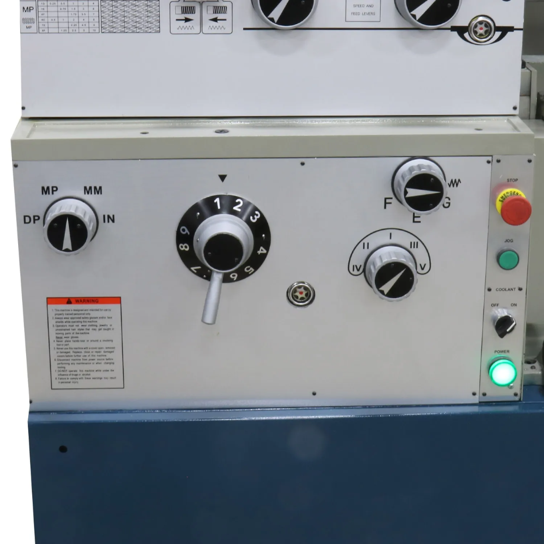 Baileigh Metal Lathe - PL-1860E 1016624 headstock controls with feed and speed selectors for versatile machining and threading operations.