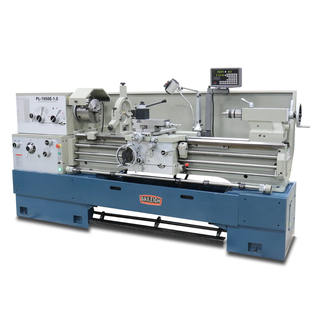 Baileigh Metal Lathe - PL-1860E 1016624 heavy-duty engine lathe with precision carriage, digital readout, and industrial cast iron construction for professional metal turning applications.