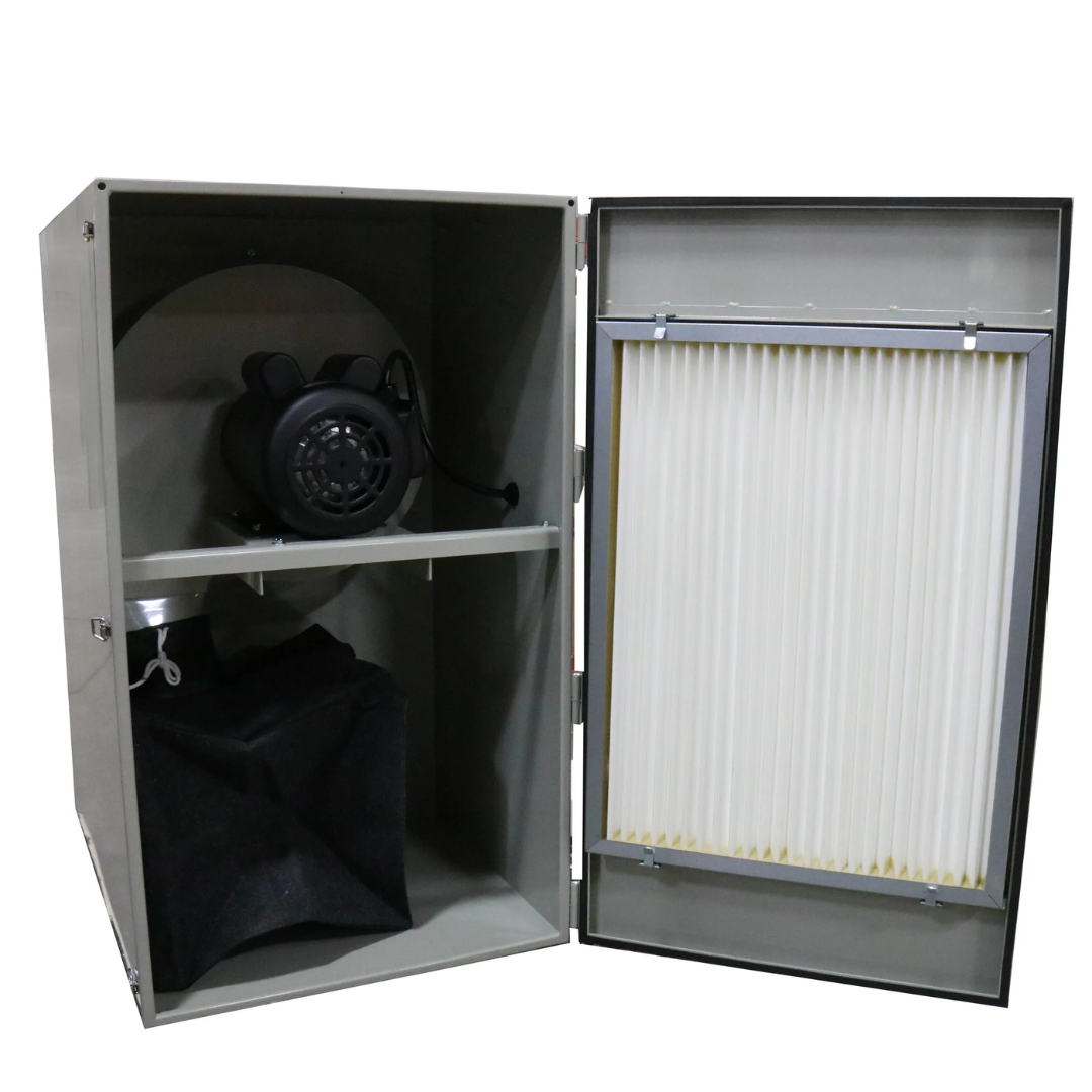 Baileigh Metalworking Dust Collector, 1450 CFM, 220V 1Ph (MDC-1800) with access panel open, revealing industrial blower assembly and filtration system components.