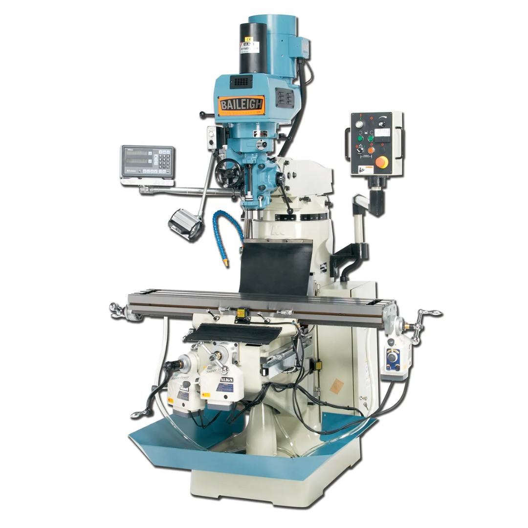Baileigh Milling Machine VM-949-1 1008232 vertical knee milling machine with precision digital readout, power feeds, adjustable worktable, industrial control panel, and heavy-duty cast iron construction for professional metalworking applications.