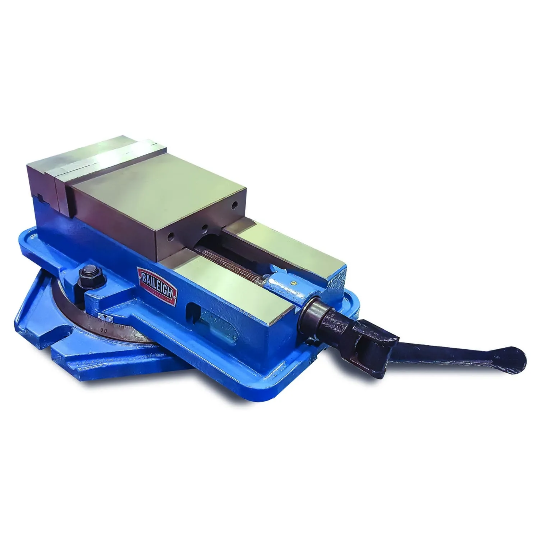 Baileigh Milling Vise (BV-6M) 1019130 heavy-duty precision milling vise with a 6-inch jaw, swivel base with degree markings, hardened and ground jaws, precision lead screw, and rugged cast iron construction for milling, drilling, machining, and toolroom applications.