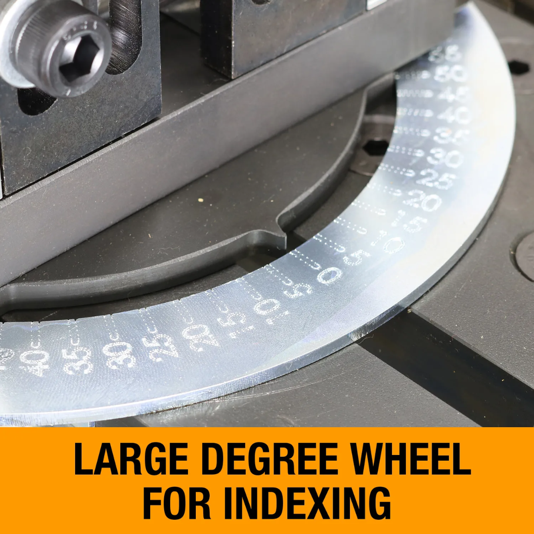 Baileigh Pipe Notcher TN-300 BA9-TN300 large degree wheel for indexing, allowing accurate angle adjustments and precise notch positioning in fabrication and welding projects.