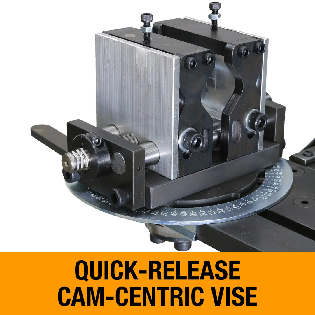 Baileigh Pipe Notcher TN-300 BA9-TN300 quick-release cam-centric vise designed for fast material clamping, secure pipe holding, and improved production efficiency.