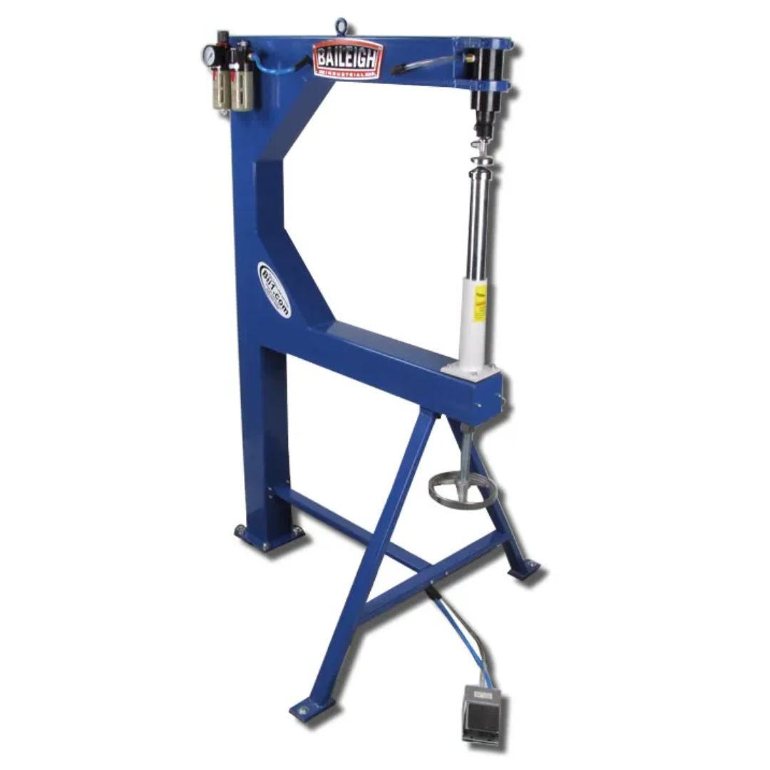 Baileigh Planishing Hammer - (PH-24A) 1005948 industrial sheet metal planishing hammer with heavy-duty steel frame, pneumatic ram, foot pedal control, and adjustable throat for precision metal shaping.
