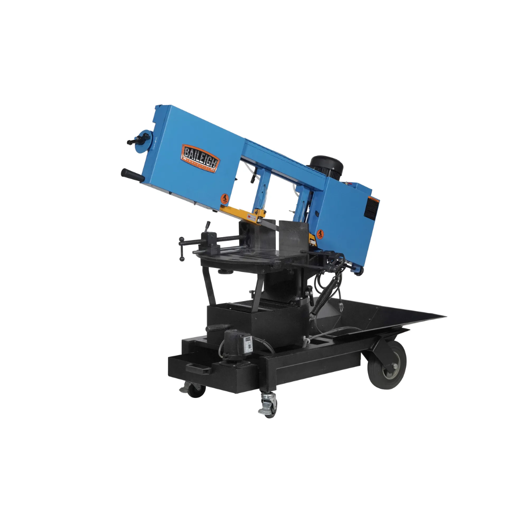 Baileigh Portable EVS Dual Mitering Bandsaw BS-10VS 1232696 portable variable speed dual mitering metal cutting bandsaw with heavy-duty mobile stand.