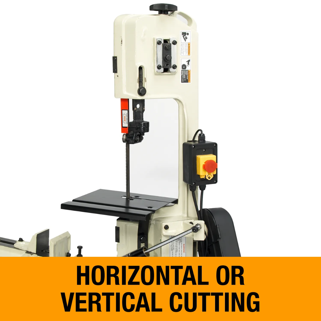 Baileigh Portable Metal Cutting Band Saw - BS-128M 1001095 configured for horizontal or vertical cutting to maximize fabrication versatility.