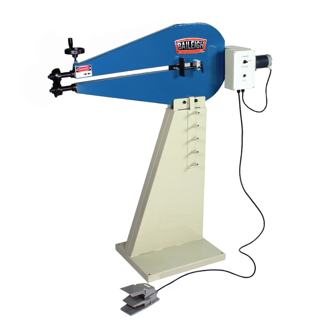 Baileigh Power Bead Roller BR-18E-24 1000923 heavy-duty powered bead roller with foot pedal control and floor-standing design for precision sheet metal forming.