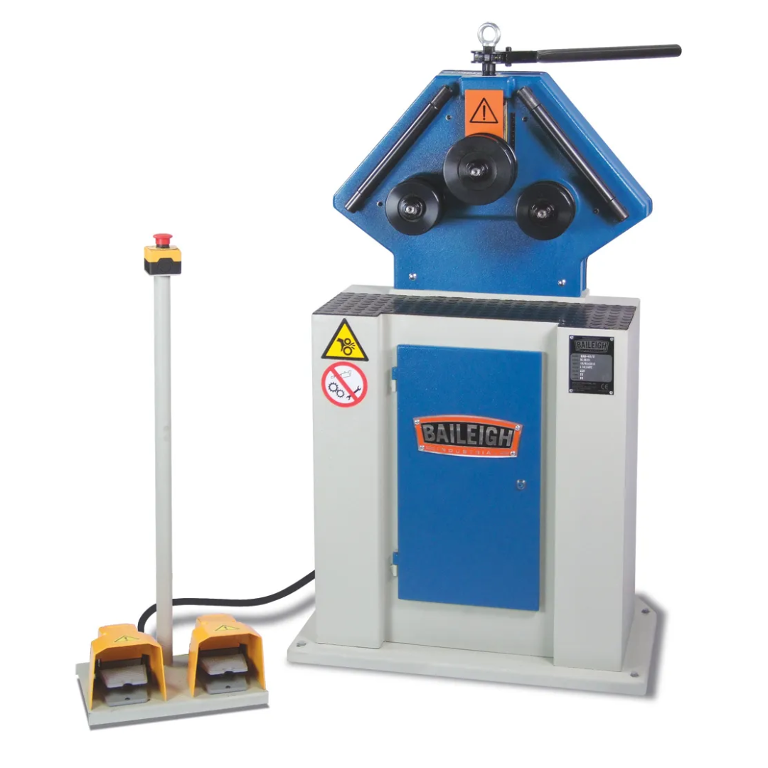 Baileigh Ring Roll Machine - (R-M40) 1006852 industrial ring rolling machine with hydraulic operation, foot pedal controls, heavy-duty frame, and adjustable rollers for bending metal tubing, pipe, and profiles.