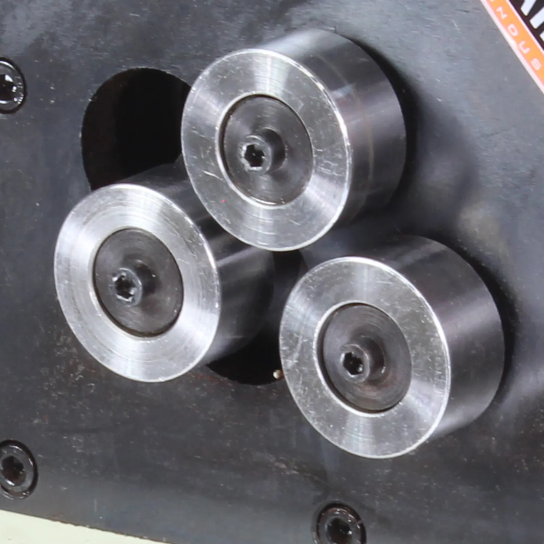 Baileigh Ring Roller - (R-M5) 1006854 close-up of precision-machined rolling dies designed for accurate bending and shaping of metal stock.