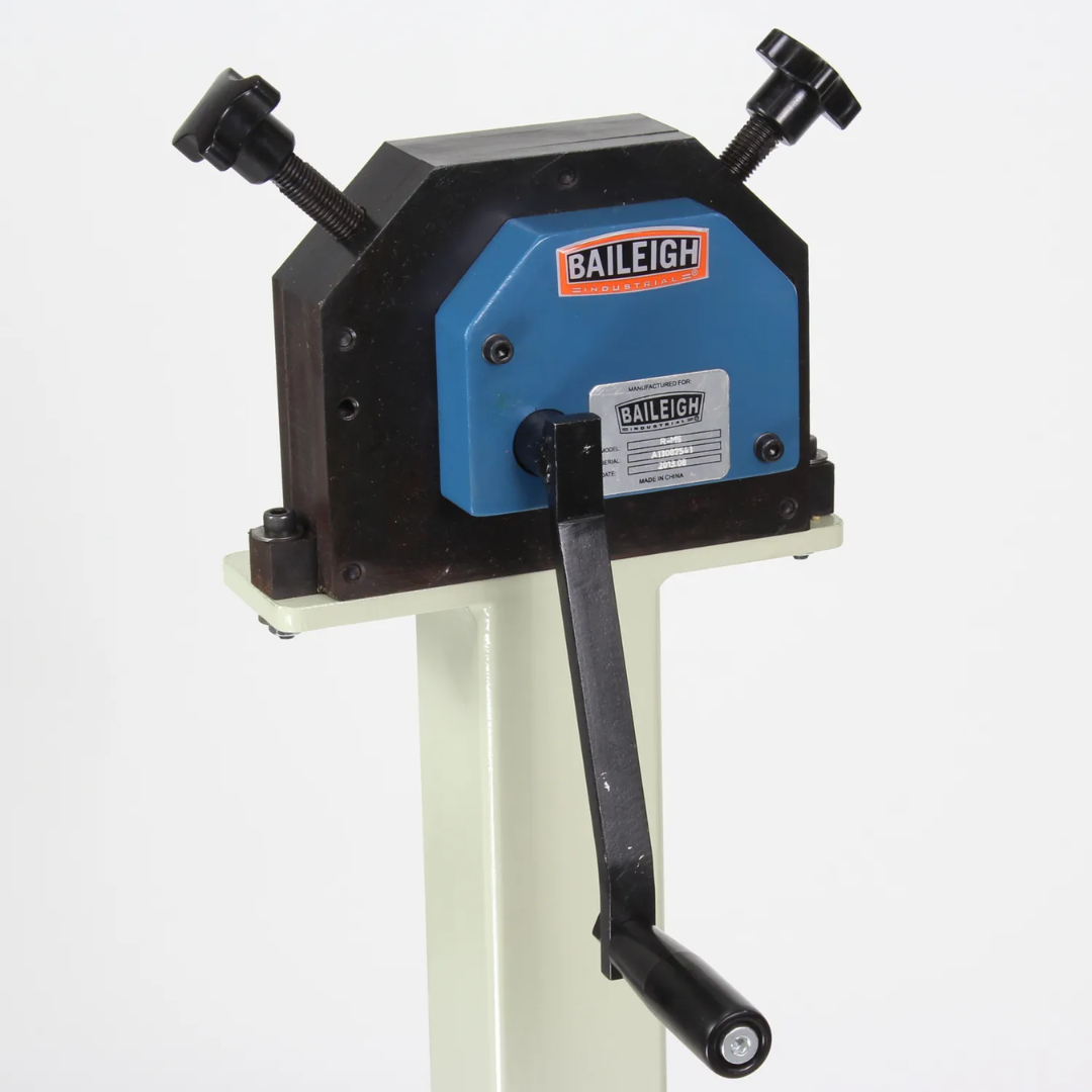 Baileigh Ring Roller - (R-M5) 1006854 compact manual ring roller mounted on a stand for efficient fabrication, ornamental metalwork, and custom bending projects.