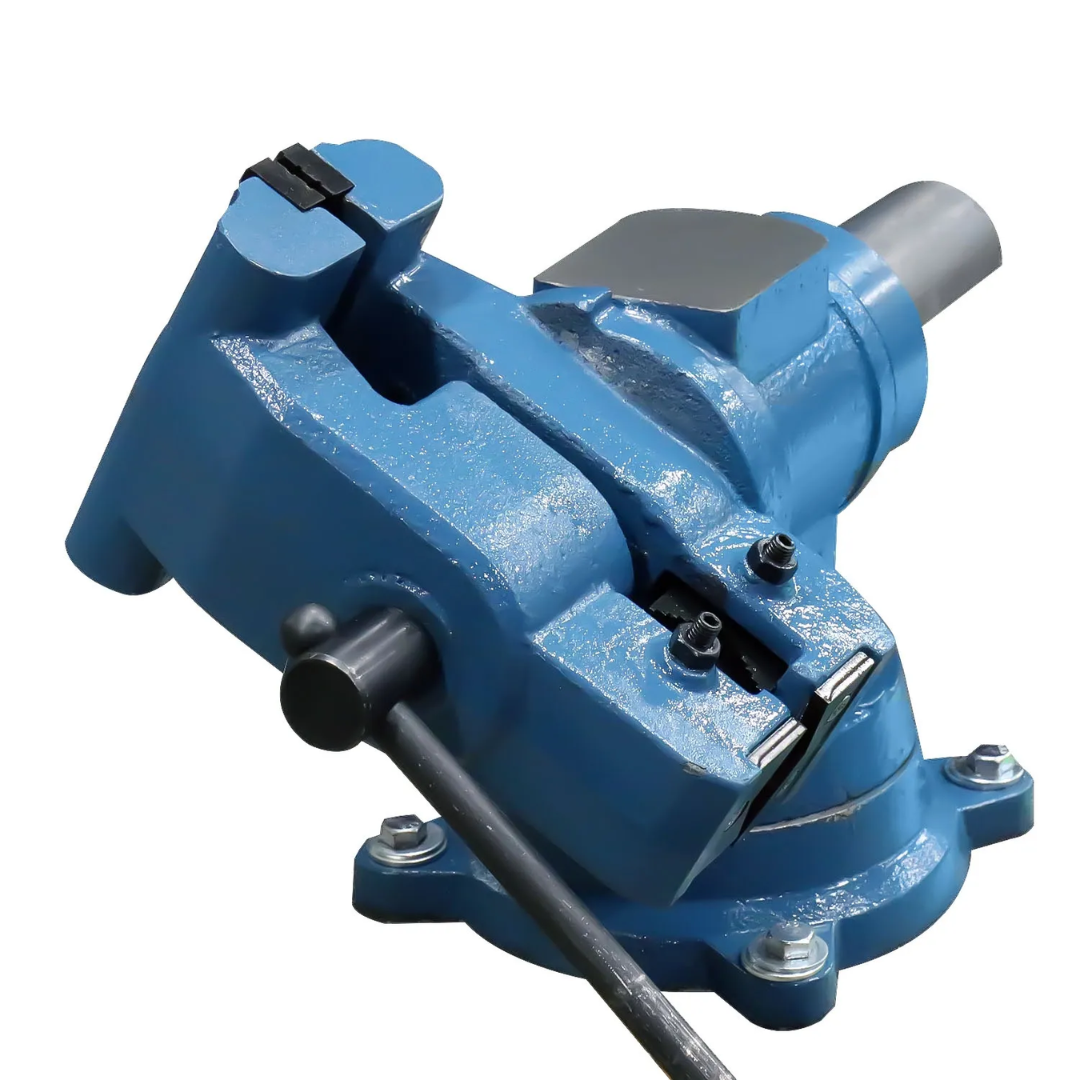 Baileigh Rotating Head Bench Vise BV-5P 1019128 rotating head mechanism allowing flexible workpiece orientation and improved access during machining, welding, and repair operations.